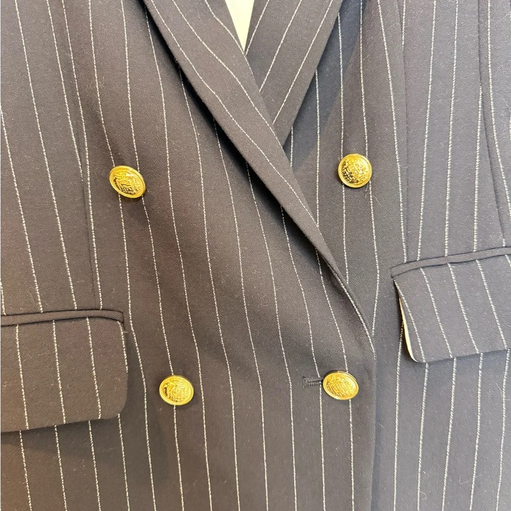 H&M Double-Breasted Pinstripe Blazer Navy Blue Gold Button Jacket Size 0 - Picture 3 of 11